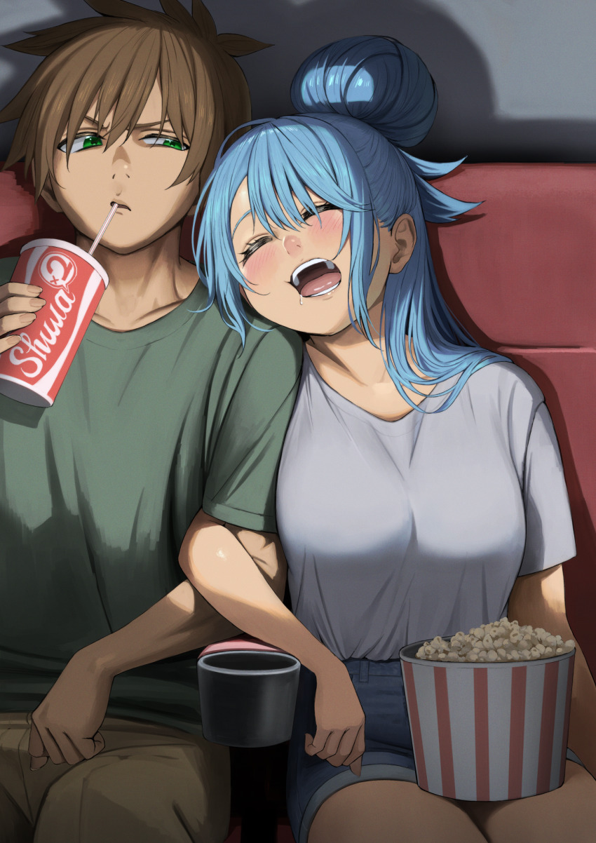 1boy 1girl aqua_(konosuba) arm_hug blue_hair blush breasts brown_hair commentary_request contemporary cup denim denim_shorts disposable_cup drinking drooling food green_shirt grey_shirt hair_bun head_rest hetero highres huge_hair_bun izawa_(bhive003) kono_subarashii_sekai_ni_shukufuku_wo! large_breasts leaning_on_person looking_at_another movie_theater popcorn revision satou_kazuma shirt short_sleeves shorts single_hair_bun sitting sleeping
