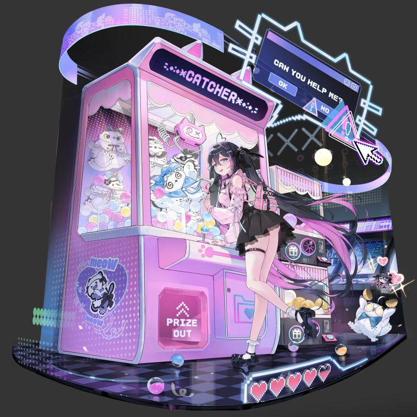 1girl absurdres ahoge arcade arcade_cabinet black_bow black_hair black_skirt blue_eyes blush bow breasts chap_sal_! colored_inner_hair crane_game cursor english_text frilled_socks frills gashapon hair_between_eyes hair_bow hair_ornament heart heart_ahoge heart_hair_ornament highres jirai_kei large_breasts long_hair long_sleeves looking_at_viewer mary_janes miniskirt multicolored_hair off-shoulder_shirt off_shoulder official_art open_mouth otonashi_ikuko_(riichi_city) pink_hair pink_shirt platform_footwear riichi_city shirt shoes skirt smile socks streaked_hair stuffed_animal stuffed_toy suspender_skirt suspenders thigh_strap twintails very_long_hair white_socks x_hair_ornament