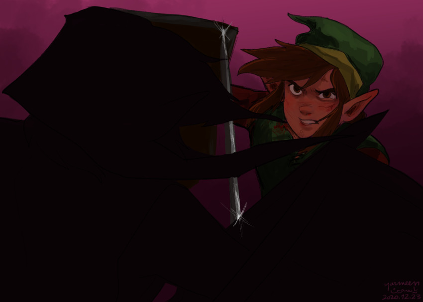 2boys angry battle blonde_hair brown_hair dual_persona elf hat highres link multiple_boys nintendo pointy_ears shadow_link shield sidelocks sword the_legend_of_zelda tunic weapon zelda_ii:_the_adventure_of_link