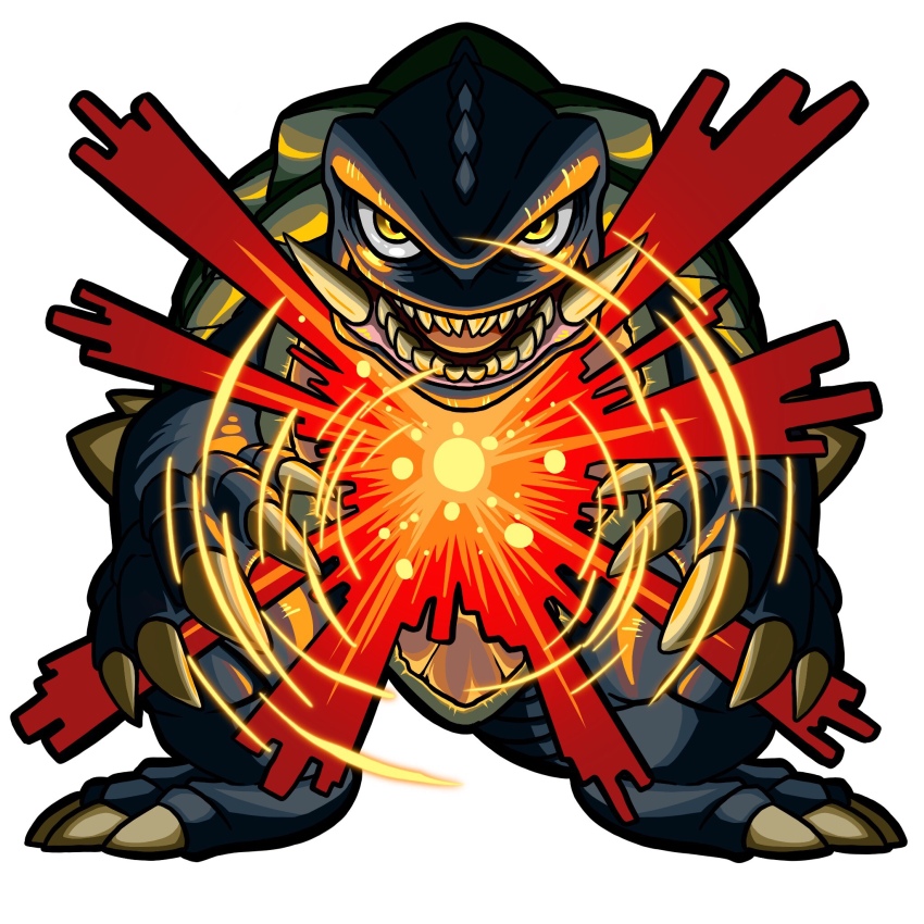 chibi daiei_film energy gamera gamera_(series) gamera_2:_attack_of_legion glowing highres kaiju looking_at_viewer mana_(mythology) no_humans plasma qunqing_jing simple_background tail turtle turtle_shell tusks ultimate_plasma white_background yellow_eyes