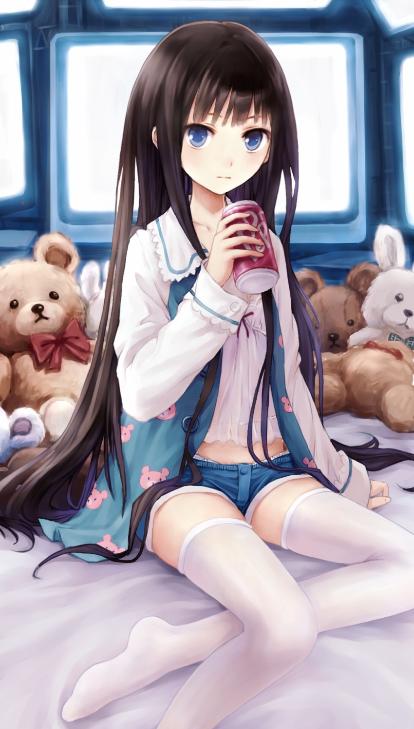 1girl animal_print blue_eyes blue_shorts blush brown_hair can closed_mouth collarbone dr_pepper drink_can feet female_focus francascofeng highres holding holding_can kami-sama_no_memo-chou long_hair long_sleeves looking_at_viewer no_shoes rabbit_print shionji_yuuko shirt short_shorts shorts sitting sleeves_past_wrists soda_can solo stuffed_animal stuffed_rabbit stuffed_toy teddy_bear television thighhighs very_long_hair white_thighhighs