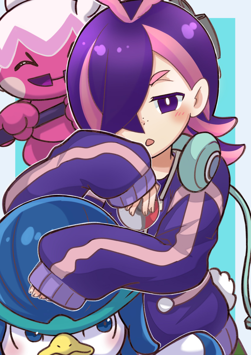 1girl :o absurdres antenna_hair blush bright_pupils commentary_request dot_(pokemon) freckles hair_over_one_eye headphones highres holding holding_poke_ball jacket long_hair long_sleeves multicolored_hair nintendo open_mouth pink_hair poke_ball poke_ball_(basic) pokemon pokemon_(anime) pokemon_(creature) pokemon_horizons purple_eyes purple_hair quaxwell shimotsukishin sleeves_past_wrists tinkatuff two-tone_hair white_pupils