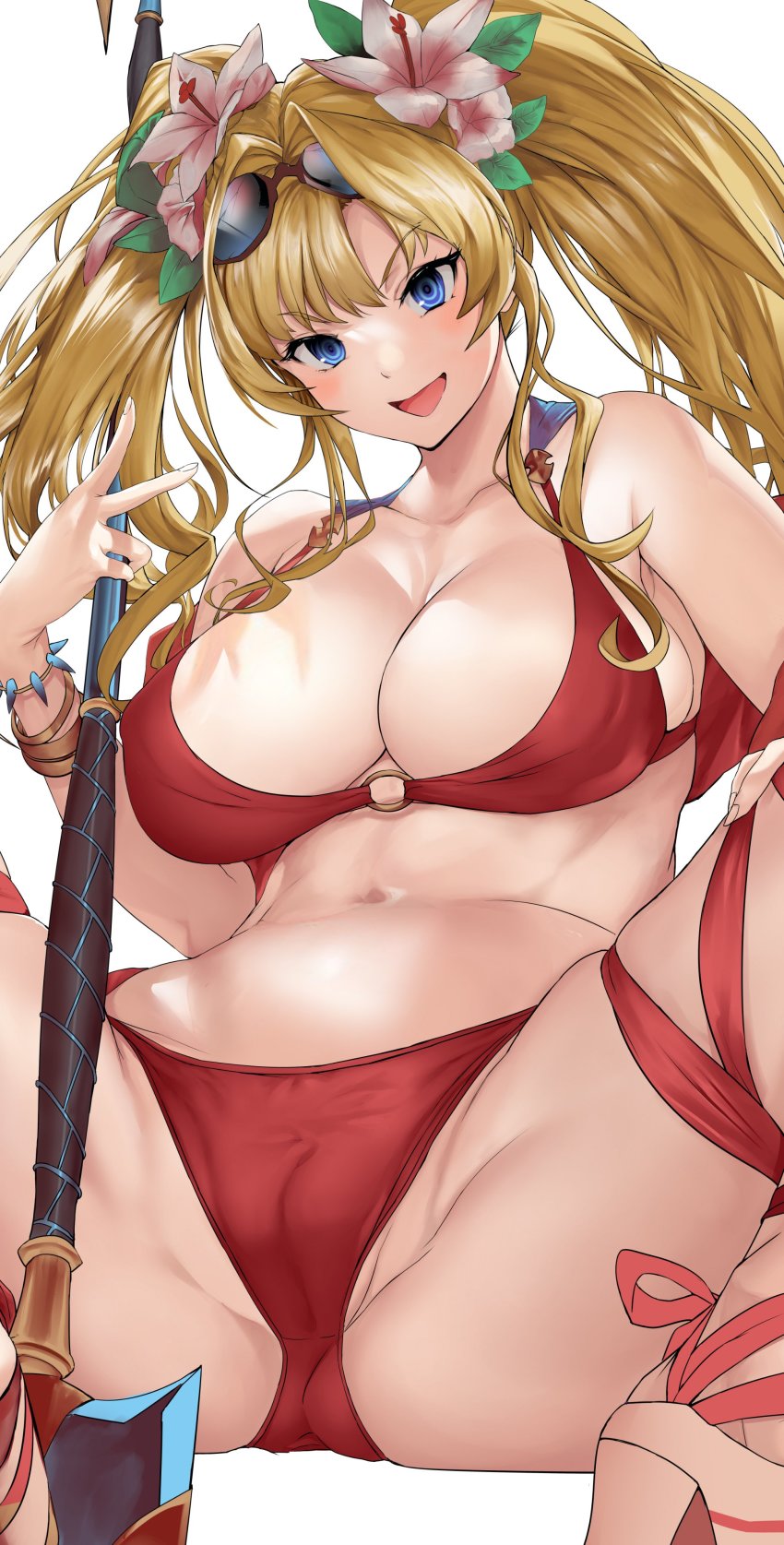 1girl absurdres bare_shoulders bikini blonde_hair blue_eyes blush breasts cleavage collarbone eyewear_on_head flower granblue_fantasy hair_intakes hibiscus high_heel_sandals highres large_breasts long_hair looking_at_viewer navel open_mouth platform_sandals polearm red_bikini sandals shawl shino_(comic_penguin_club) side-tie_bikini_bottom simple_background smile solo spear spread_legs sunglasses swimsuit twintails weapon white_background zeta_(granblue_fantasy) zeta_(summer)_(granblue_fantasy)