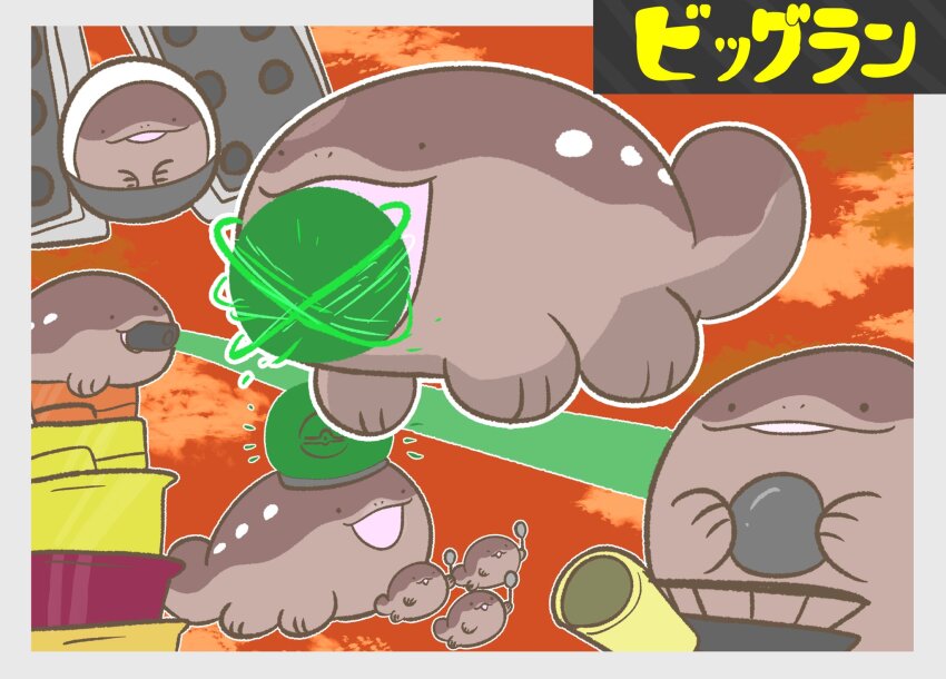 big_shot_(splatoon) clodsire commentary_request crossover energy_ball flyfish_(splatoon) highres holding holding_spoon horrorboros laser nintendo no_humans open_mouth petopeto_toro pokemon pokemon_(creature) salmon_run_(splatoon) simple_background smallfry_(splatoon) splatoon_(series) splatoon_3 spoon steelhead_(splatoon) stinger_(splatoon) translated