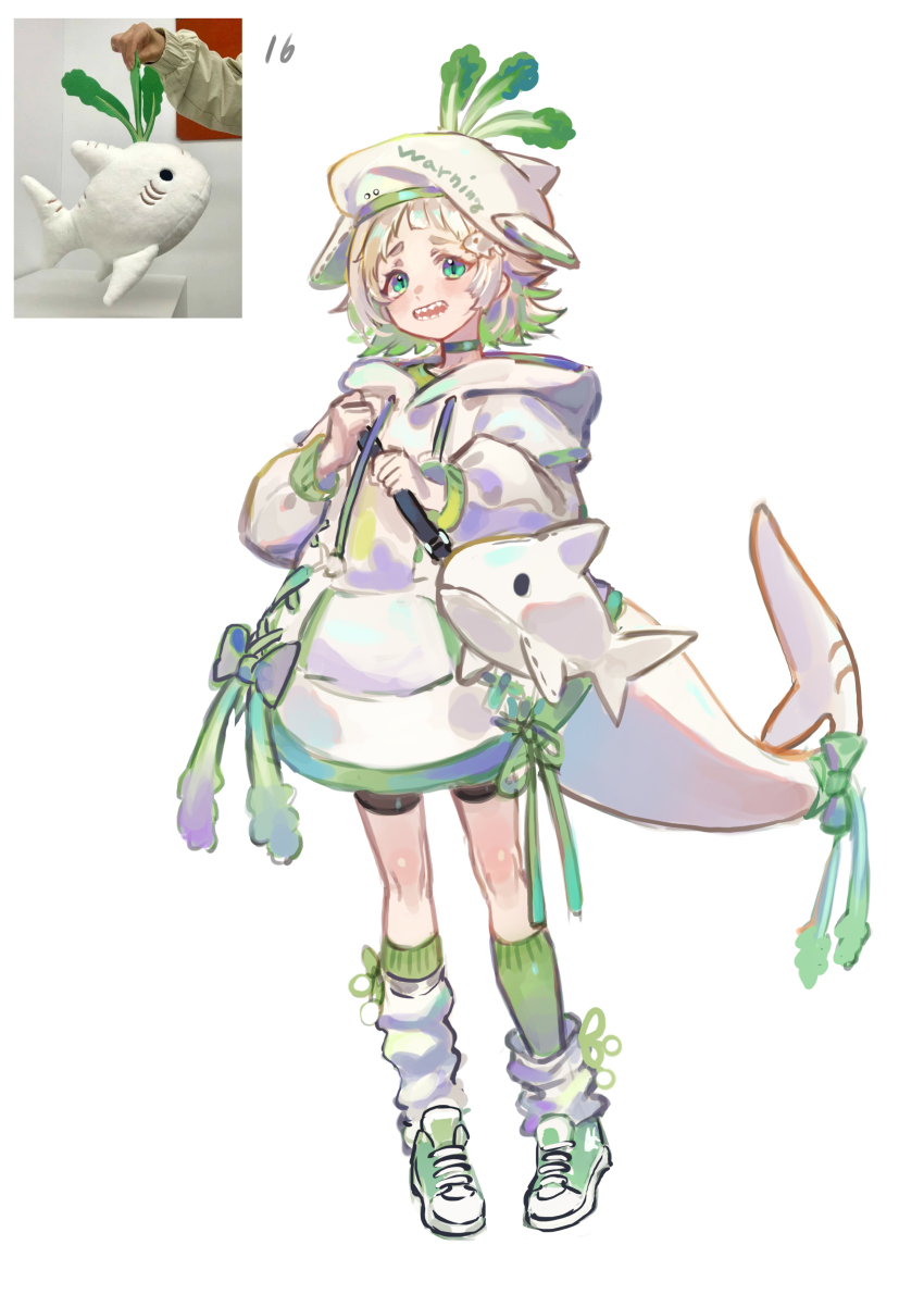 1girl absurdres animal_bag animal_ears aqua_eyes asymmetrical_bangs black_choker black_shorts blonde_hair blunt_bangs choker colored_tips cross-laced_clothes cross-laced_hoodie droopy_ears fins fish_hair_ornament fish_tail flipped_hair full_body furrowed_brow green_hair green_ribbon green_shoes green_socks green_trim hair_ornament hand_up hat highres holding holding_strap hood hood_down hoodie leg_warmers long_sleeves multicolored_hair nervous open_mouth original photo_inset pigeon-toed plant_growth ribbon shark_bag shark_girl shark_tail sharp_teeth shoes short_eyebrows short_hair shorts simple_background sneakers socks solo standing tail tail_ornament tail_ribbon teeth toga_(toganawa) two-handed unfinished waist_bag white_background white_hat white_hoodie white_leg_warmers white_tail