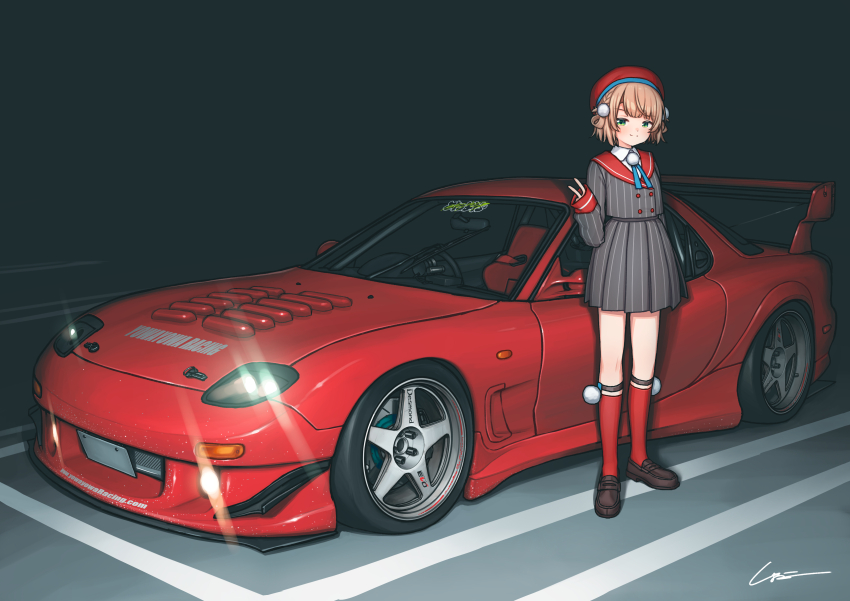 1girl absurdres blonde_hair brown_shoes camera_flash car commentary green_eyes grey_jacket grey_skirt hair_ornament hat highres indie_virtual_youtuber jacket kneehighs light_blush loafers long_sleeves looking_at_viewer mazda_rx-7 mazda_rx-7_fd medium_hair motor_vehicle night pleated_skirt pom_pom_(clothes) pom_pom_hair_ornament red_hat red_sailor_collar red_socks sailor_collar shigure_ui_(vtuber) shoes simana skirt smile socks solo spoiler_(automobile) sponsor sports_car standing striped_clothes striped_jacket striped_skirt v vehicle_focus virtual_youtuber