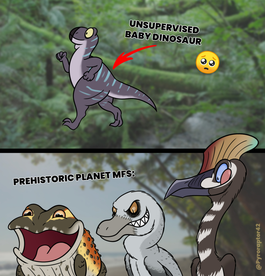 axel_in_harlem_(meme) beelzebufo blurry blurry_background dinosaur emoji english_text frog hatzegopteryx highres licking_lips meme no_humans pleading_face_emoji prehistoric_animal prehistoric_planet pterosaur pyroraptor42 raptor tongue tongue_out toon_(style) velociraptor zalmoxes