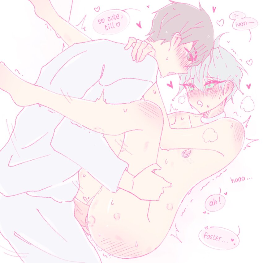 2boys absurdres alien_stage anal black_eyes black_hair blue_pants blue_shirt blush choker clothed_male_nude_male completely_nude english_text green_eyes green_hair heart highres ivan_(alien_stage) looking_at_another multiple_boys nipple_piercing nipples nude open_mouth pants piercing rinrin_(wuvpyon) sex shirt short_hair simple_background speech_bubble steam sweat till_(alien_stage) white_background white_choker yaoi