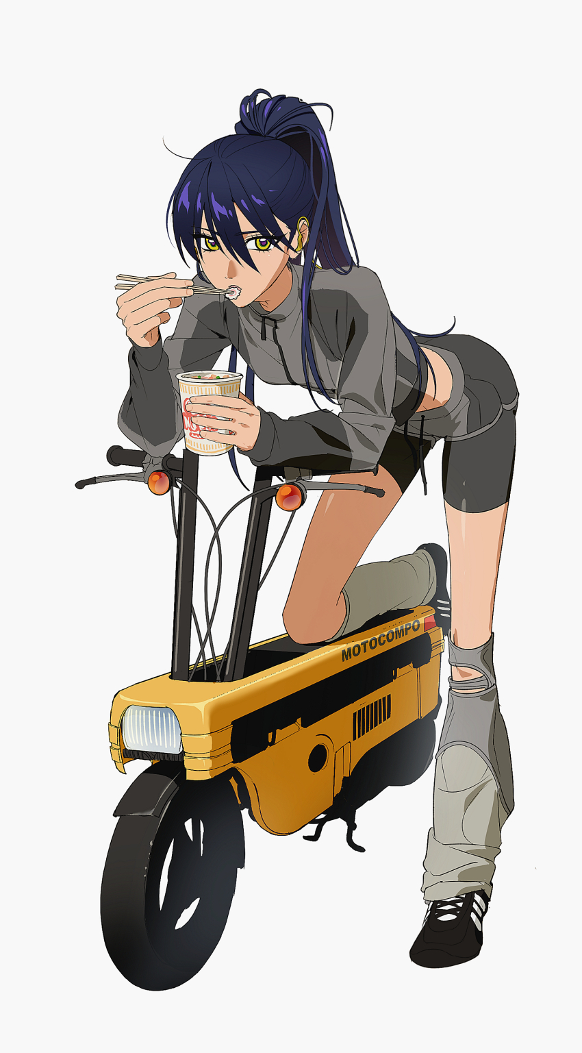 absurdres bent_over bike_shorts chopsticks cup_ramen eating food gundam gundam_gquuuuuux highres holding holding_chopsticks holding_food jacket long_hair long_sleeves looking_at_viewer loose_socks motor_vehicle motorcycle nyaan_(gundam_gquuuuuux) ponytail purple_hair shoes short_shorts shorts simple_background socks standing standing_on_one_leg white_background wireless_earphones yang_gallae yellow_eyes