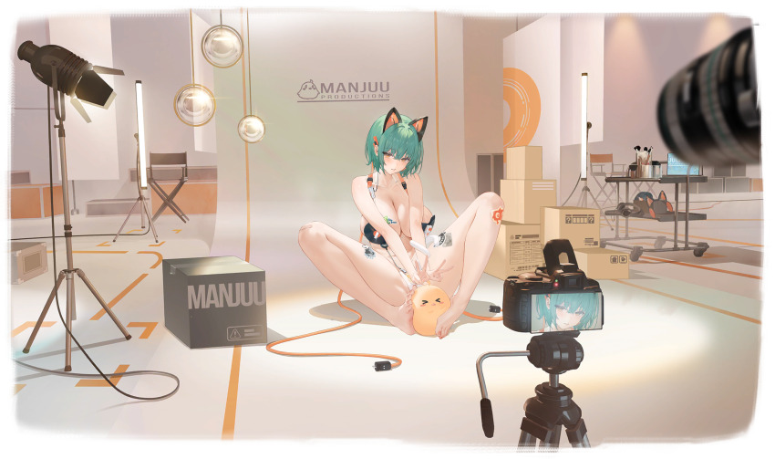 1girl absurdres admiral_nakhimov_(azur_lane) admiral_nakhimov_(first_time_in_the_limelight)_(azur_lane) animal_ears artist_request azur_lane bare_shoulders barefoot black_slingshot_swimsuit blush box breasts cable camera cat_ears check_artist cleavage director&#039;s_chair double_v fake_animal_ears film_set green_hair highres indoors kincora large_breasts looking_at_viewer manjuu_(azur_lane) non-web_source official_art recording revealing_clothes short_hair sitting slingshot_swimsuit spread_legs sticker strap studio studio_lights swimsuit toes v white_slingshot_swimsuit yellow_eyes
