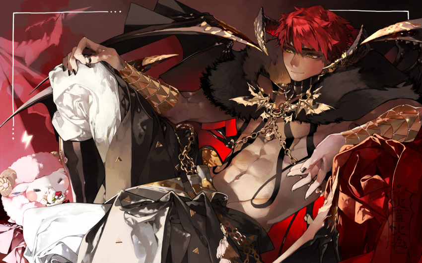 1boy black_boots black_cape black_nails boots cape closed_mouth diavolo_(obey_me!) hand_on_own_knee highres horns kazanniro looking_ahead male_focus navel obey_me!:_one_master_to_rule_them_all! pectorals red_hair sheep short_hair solo toned toned_male underpec yellow_eyes