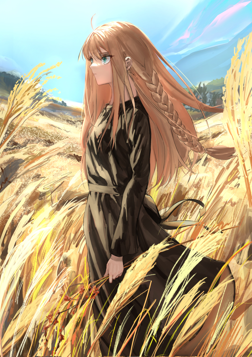 1girl absurdres ahoge autumn blonde_hair braid brown_dress clear_sky day dress earrings feet_out_of_frame from_side green_eyes highres holding holding_plant jewelry long_hair looking_afar original plant sawatani_(_swt2) serious side_braid sky solo wheat_field