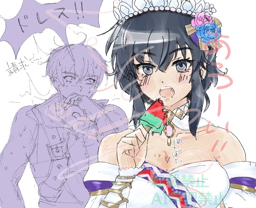 1boy 1girl blush bride brooch brother_and_sister choker ddy5310 dress dripping eating fire_emblem fire_emblem:_genealogy_of_the_holy_war fire_emblem_heroes flower food food_on_body food_on_breasts hair_flower hair_ornament highres holding holding_food holding_popsicle ice_cream jewelry larcei_(bride_of_astra)_(fire_emblem) larcei_(fire_emblem) melting melting_popsicle nintendo open_mouth popsicle scathach_(fire_emblem) short_hair siblings sidelocks sleeveless strapless strapless_dress surprised sweat tiara tunic twins vambraces watermelon_bar wedding_dress white_background wide-eyed