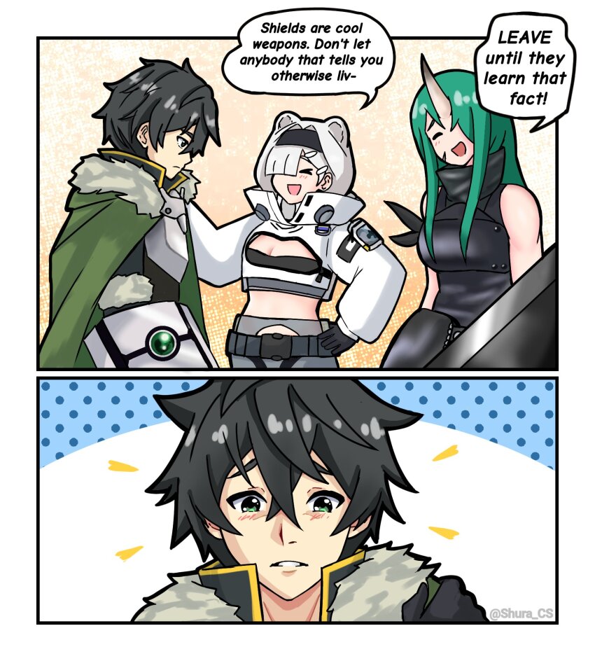 1boy 2girls 2koma animal_ears arknights aurora_(arknights) bear_ears bear_girl black_hair breasts cleavage comic crossover crying crying_with_eyes_open english_text green_hair highres holding holding_shield horns hoshiguma_(arknights) iwatani_naofumi medium_breasts multiple_girls oni patting shield shura_(shura_cs) single_horn skin-covered_horns speech_bubble tate_no_yuusha_no_nariagari tears white_hair