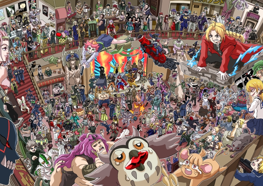 6+boys 6+girls amestris_military_uniform asuka_(dorohedoro) battle_tendency bird black_hair blonde_hair blue_hair blue_skirt breasts broom caiman_(dorohedoro) cape carole_&amp;_tuesday carole_stanley cellphone character_request cleavage colored_sclera commentary_request diamond_wa_kudakenai dorohedoro drum drum_set facial_hair flower food fujita_(dorohedoro) fullmetal_alchemist glasses gluttony_(fma) green_eyes green_hair grey_hair guitar gun hat highres holding holding_microphone instrument jojo_no_kimyou_na_bouken keyboard_(instrument) kikurage_(dorohedoro) little_witch_academia microphone multiple_boys multiple_girls mushroom mustache nikaidou_(dorohedoro) orange_sclera owl phone pink_hair purple_flower purple_hair pyotr_(carole_&amp;_tuesday) red_flower red_hair rifle riza_hawkeye roy_mustang school_uniform shigatsu_wa_kimi_no_uso skirt sniper_rifle stand_(jojo) tears tsuchiyamashige tuesday_simmons violet_evergarden_(series) weapon