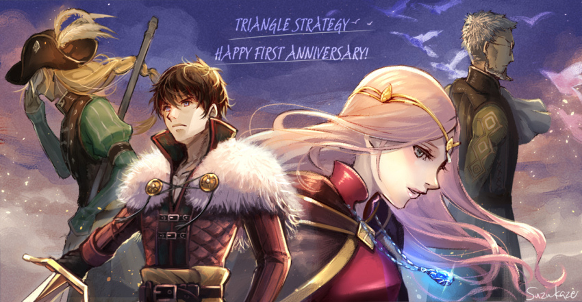 1girl 3boys artist_name beard belt belt_buckle benedict_pascal blonde_hair braid brown_hair buckle capelet closed_mouth copyright_name diadem facial_hair frederica_aesfrost fur_capelet gem glasses gloves grey_hair happy_anniversary hat hat_feather holding holding_sword holding_weapon jewelry juliet_sleeves long_hair long_sleeves looking_afar multiple_boys necklace parted_lips pink_hair puffy_sleeves roland_glenbrook serenoa_wolffort standing suzukaze03 sword triangle_strategy weapon