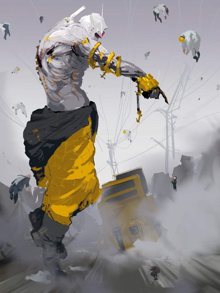 alternate_design alternate_universe armor biopunk black_necktie boots cable car caterpillar_tracks child colored_skin construction_site construction_worker cyborg destruction earth_federation excavator exoskeleton exposed_muscle floating fog formal_clothes from_side grey_skin grey_sky gundam hard_hat helmet highres horror_(theme) industrial injury jumpsuit jumpsuit_around_waist lab_coat ladder levitation machinery mecha mecha_focus mechanical_spine mobile_suit motor_vehicle necktie outdoors painting_(medium) piston power_lines psychic radio_antenna rintaro_komori robot rx-78-2_gundam scaffolding science_fiction shoulder_cannon size_difference sky suit telekinesis topless_female topless_male traditional_media transmission_tower truck white_jumpsuit yellow_armor yellow_jumpsuit