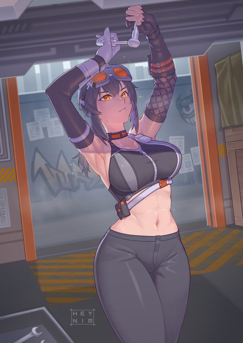 1girl absurdres arm_pouch armpits arms_up artist_name asymmetrical_gloves belt black_hair black_pants black_sports_bra breasts commentary_request crop_top curvy fingerless_gloves fishnet_gloves fishnets gloves goggles goggles_on_head grace_howard graffiti grey_belt heynim highres large_breasts mechanic mismatched_gloves navel orange_eyes pants sidelocks single_fingerless_glove socket_wrench sports_bra sweat toned toned_female wrench zenless_zone_zero zipper zipper_pull_tab zipper_top
