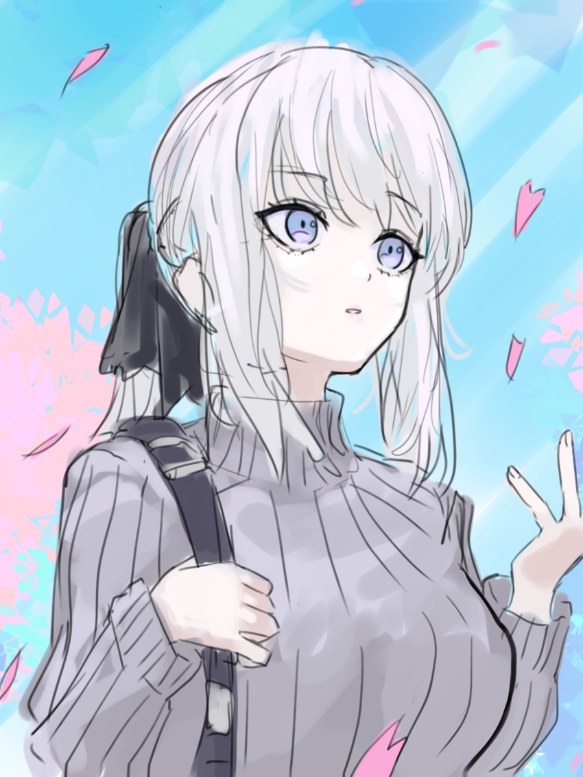 1girl arms_up backpack bag black_bow blue_eyes bow braid breasts cherry_blossoms dress falling_petals fate/grand_order fate_(series) flower grey_hair grey_sweater hair_bow half_up_braid highres long_hair morgan_le_fay_(fate) niwaikanai petals pink_petals sky solo spring_(season) sweater