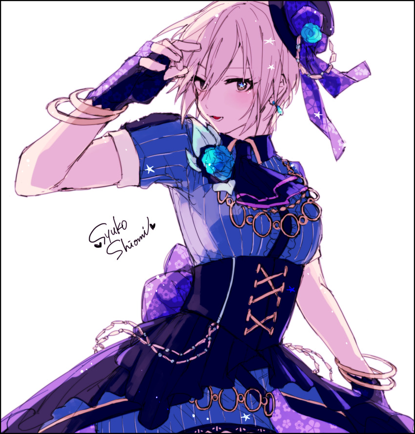 1girl amane_(7783) arm_up black_corset black_skirt blue_flower blue_rose blue_shirt bracelet commentary_request corset earrings fingerless_gloves flower gloves hat hat_ribbon highres idolmaster idolmaster_cinderella_girls jewelry looking_at_viewer parted_lips purple_gloves purple_ribbon ribbon rose shiomi_syuko shirt short_hair simple_background skirt smile solo star-shaped_pupils star_(symbol) symbol-shaped_pupils white_background white_hair