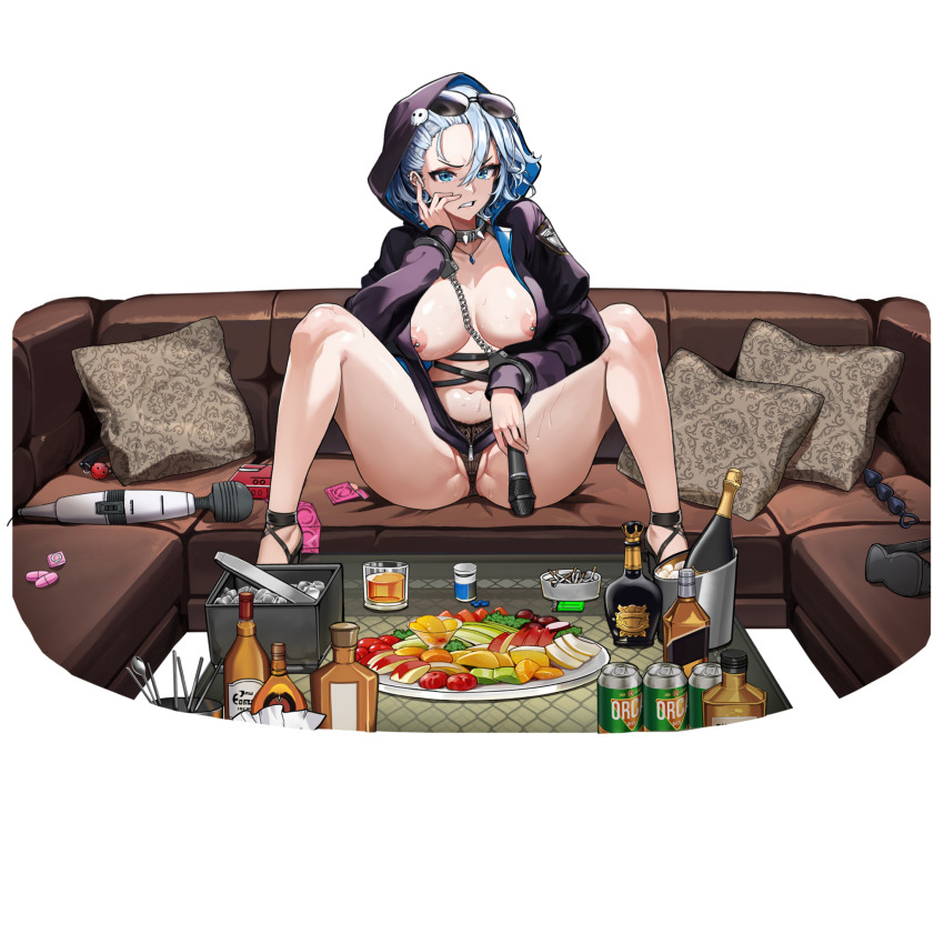 1girl anal_beads ball_gag blue_eyes blue_hair breasts chain clenched_teeth collar condom condom_box condom_packet_strip condom_wrapper couch crotch cuffs fingernails food full_body gag glasses handcuffs highres hitachi_magic_wand hood hoodie jewelry large_breasts last_origin lingerie necklace nipple_piercing nipples no_bra non-web_source official_alternate_costume official_art on_couch piercing pillow sex_toy sitting solo sonia_of_devastation spread_legs sunglasses sunglasses_on_head teeth underwear vibrator