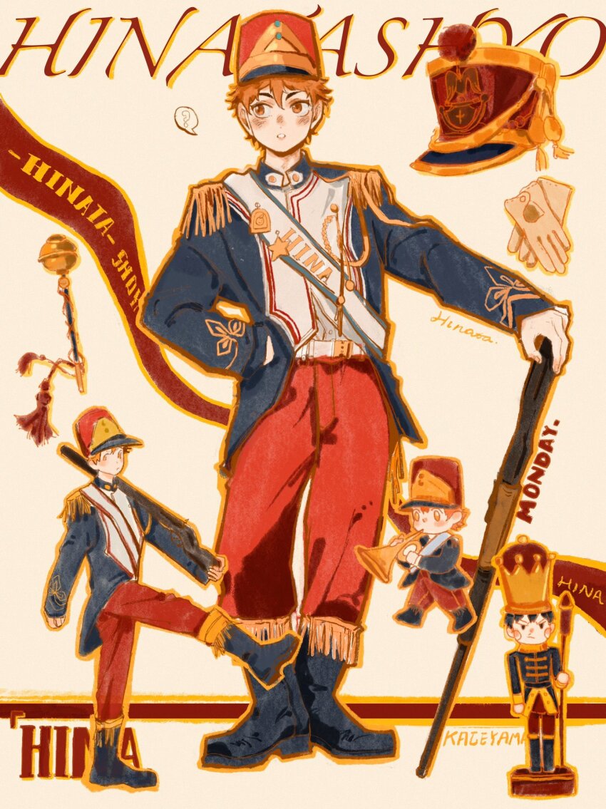 1boy ? belt black_footwear blue_jacket boots character_name collared_jacket commentary english_text epaulettes fingernails fringe_trim gloves gun haikyuu!! hair_between_eyes hand_in_pocket hashtag-only_commentary hat highres hinata_shouyou holding holding_gun holding_weapon jacket kageyama_tobio long_sleeves looking_to_the_side male_focus marching military_uniform multiple_views musket nutcracker open_clothes open_jacket open_mouth orange_eyes orange_hair orange_outline outline over_shoulder pants red_hat red_pants sash shako_cap shirt short_hair spoken_question_mark teeth tuuuuuututu unworn_gloves weapon weapon_over_shoulder white_background white_belt white_gloves white_sash white_shirt