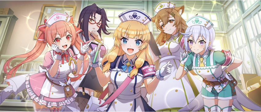 5girls :3 :d amy_(konosuba) animal_ears apron armband bag belt_pouch black_hair black_skirt black_thighhighs blonde_hair blue_dress blue_eyes blue_ribbon blunt_bangs bow braid breasts brown_eyes brown_hair buttons cecily_(konosuba) chris_(konosuba) clipboard collared_dress collared_shirt double-breasted dress dress_shirt erika_(konosuba) fishnet_thighhighs fishnets formal_clothes from_below game_cg garter_straps glasses gloves green_dress green_shirt green_shorts grey_hair hair_between_eyes hair_bow hair_ornament hairclip hand_on_own_cheek hand_on_own_chin hand_on_own_face hand_on_own_hip hands_up hat highres holding holding_clipboard holding_pen holding_syringe indoors infirmary kono_subarashii_sekai_ni_shukufuku_wo! konosuba!_fantastic_days lab_coat large_breasts leaning_forward long_dress long_hair looking_at_viewer low-tied_sidelocks matching_outfits melissa_(konosuba) multiple_girls neck_ribbon necktie nurse nurse_cap official_alternate_costume official_art one_eye_closed open_mouth parted_bangs parted_lips pen pink_armband pink_bow pink_dress pink_eyes pink_hair pink_ribbon pouch purple_eyes red-framed_eyewear red_bow ribbon sash shirt short_dress short_hair short_shorts short_sleeves shorts shoulder_bag side_ahoge side_braid sidelocks skirt skirt_suit small_breasts smile standing stethoscope stethoscope_around_neck suit sunlight syringe thighhighs twintails very_long_hair waist_sash white_apron white_gloves white_sash white_thighhighs window yellow_eyes yellow_necktie zettai_ryouiki