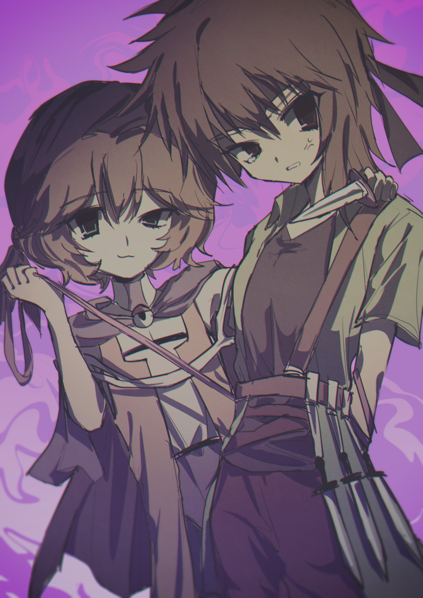 2others :3 absurdres androgynous anger_vein asymmetrical_hair atoymk belt black_headband black_shirt black_turban brown_belt brown_eyes brown_hair chromatic_aberration cine_hamal closed_mouth coat dagger green_coat green_eyes hair_between_eyes headband highres knife kurohebi kuzu_suzumi len&#039;en multiple_others open_clothes open_coat open_vest orange_vest other_focus pants purple_background red_pants shirt short_hair short_sleeves strapless strapless_shirt tearing_up turban uneven_eyes vest weapon white_shirt