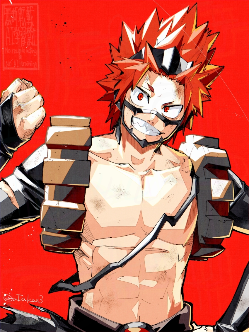 1boy abs boku_no_hero_academia cowboy_shot highres kirishima_eijiro muscular muscular_male red_background red_eyes red_hair sharp_teeth short_hair simple_background solo spiked_hair takeuchi_(a3) teeth topless_male twitter_username watermark