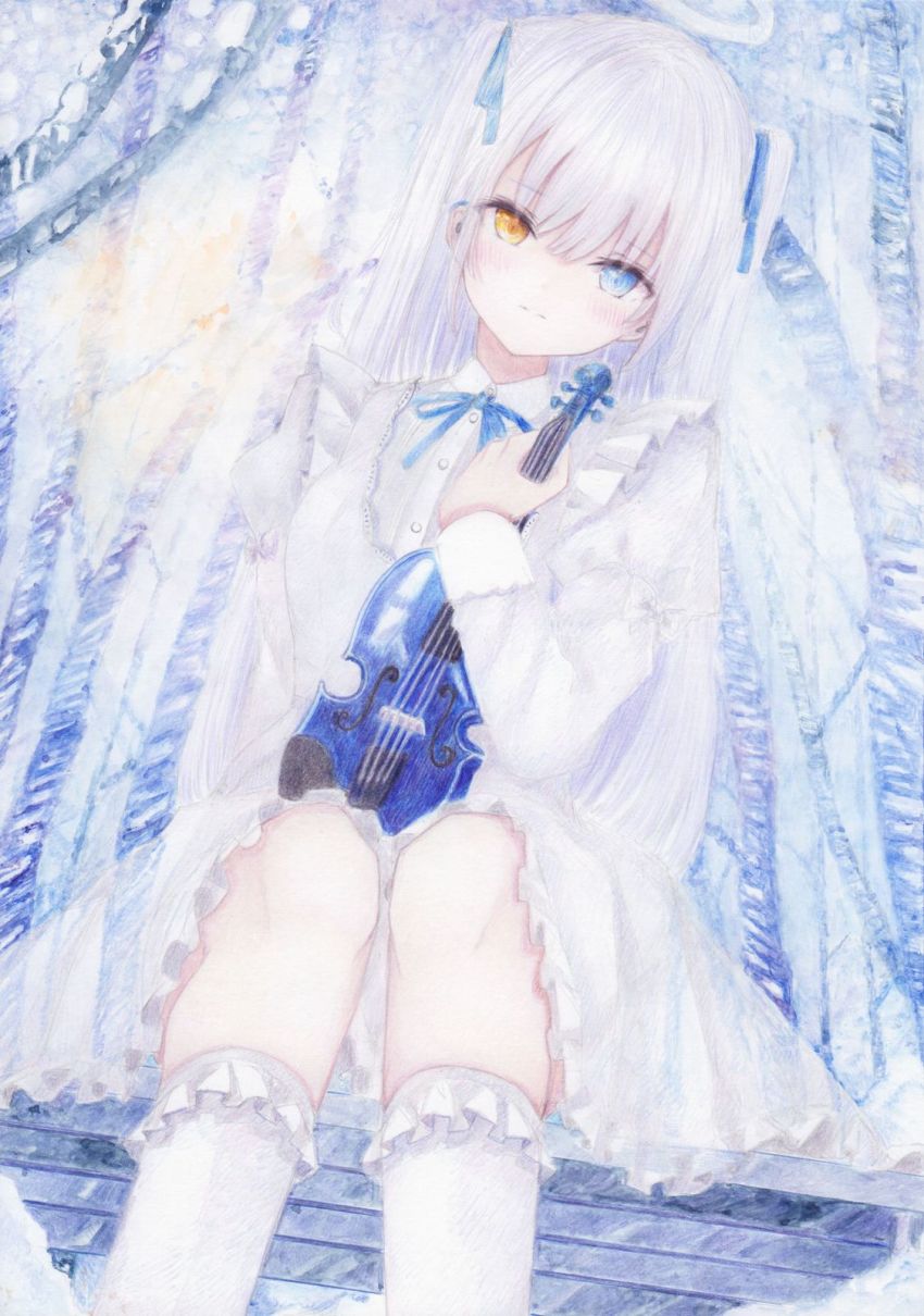 1girl blush closed_mouth colored_pencil_(medium) darkkanan deaf disability dress earphones eyes_visible_through_hair frilled_dress frills hair_between_eyes hair_ribbon halo head_tilt hearing_aid heterochromia highres instrument legs long_hair looking_at_viewer original painting_(medium) pinafore_dress ribbon sitting sleeveless sleeveless_dress socks solo traditional_media violin watercolor_(medium) white_dress white_hair white_socks