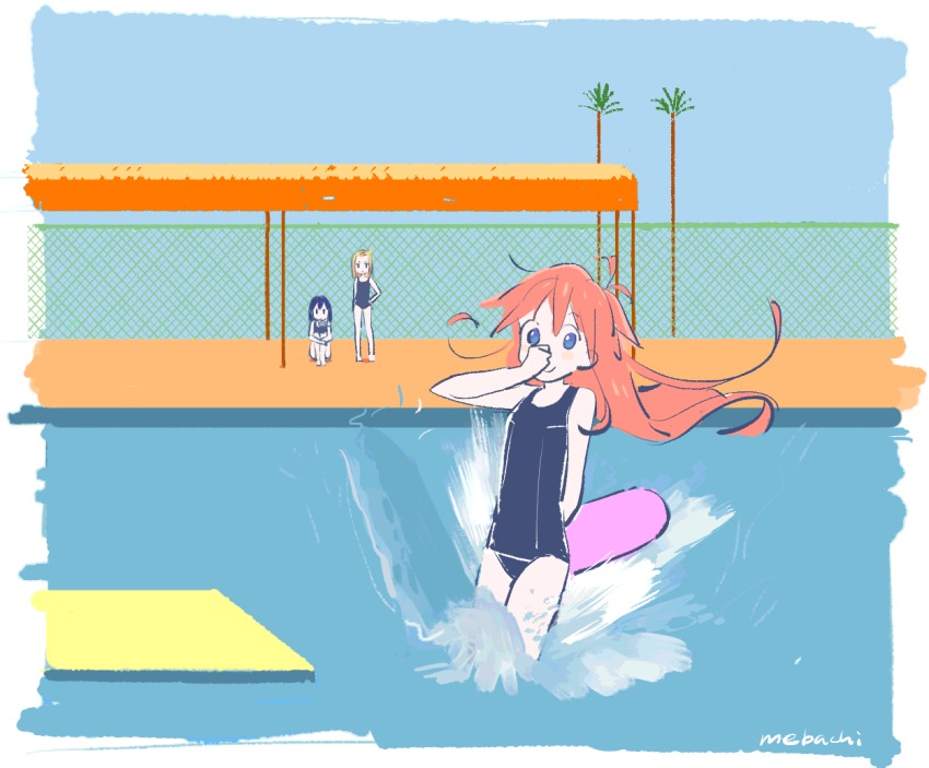 3girls a_bigger_splash ahoge antenna_hair arm_behind_back artist_name barefoot blonde_hair blue_eyes blue_hair blush_stickers chain-link_fence fence fine_art_parody flat_color flip_flappers full_body grid hand_on_own_hip holding_nose jitome kickboard kokomine_cocona hugging_own_legs long_hair looking_at_another looking_at_viewer mebachi multicolored_hair multiple_girls old_school_swimsuit one-piece_swimsuit orange_hair outdoors palm_tree papika_(flip_flappers) parody partially_submerged pool school_swimsuit short_hair signature sitting smile splashing standing streaked_hair swimsuit tareme tree water yayaka |_|