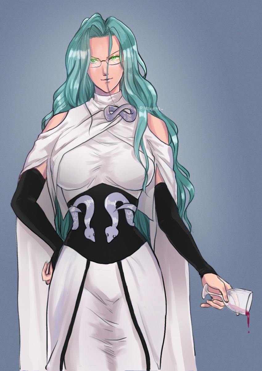 1girl alcohol breasts cup dress freudette glasses green_eyes green_hair highres holding holding_cup large_breasts long_hair long_sleeves one-punch_man ouroboros psychos_(one-punch_man) solo spilling wine