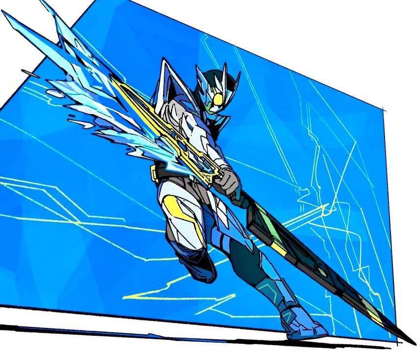 1boy antennae armor attache_calibur belt bug contrapposto rider_belt finishing_move full_body gloves glowing glowing_eyes grasshopper helmet highres insect kamen_rider kamen_rider_01_(series) kamen_rider_zero-one looking_at_viewer male_focus metalcluster_hopper power_armor progrise_hopper_blade reverse_grip rider_belt solo thighs tokusatsu twin_blades weapon y_a_m_a_y_a