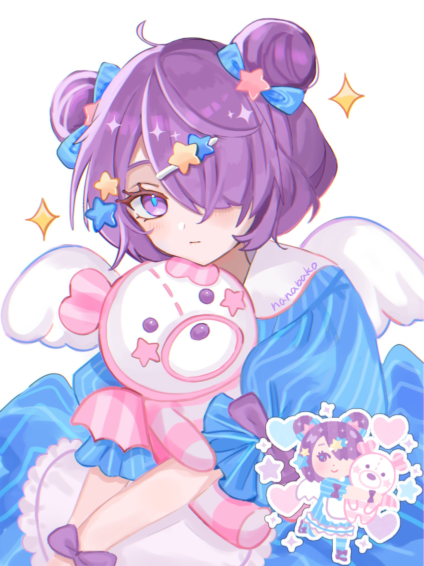 1girl ahoge apron blue_bow blue_dress blue_pupils blush bow commentary_request double_bun dress eyelashes hair_bun hair_ornament hair_over_one_eye heart highres irasutoya irasutoya_challenge long_bangs looking_at_viewer nanabako purple_eyes reference_inset simple_background solo sparkle star_(symbol) star_hair_ornament stuffed_animal stuffed_toy teddy_bear variant_set white_apron white_background white_wings wings wrist_bow yume_kawaii yumekawa_joshi_(irasutoya)