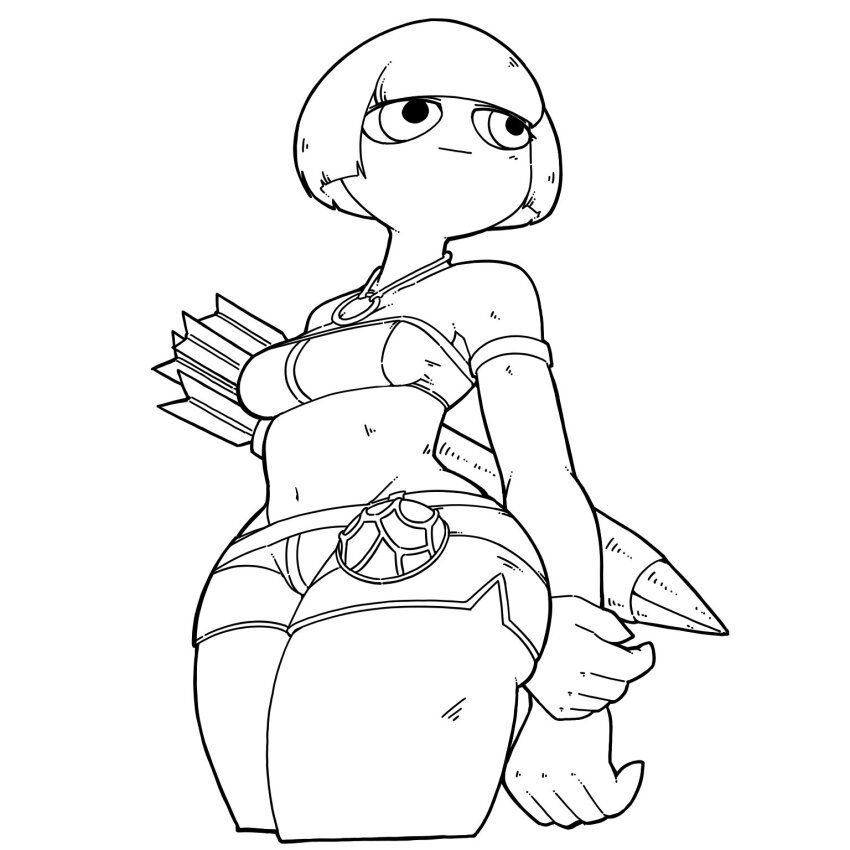1girl :| arrow_(projectile) bare_shoulders blunt_bangs breasts closed_mouth groin highres lineart medium_breasts monochrome monster_hunter_(character) monster_hunter_(series) name_omoitukan2 navel quiver short_hair short_shorts shorts simple_background solo strapless tube_top white_background