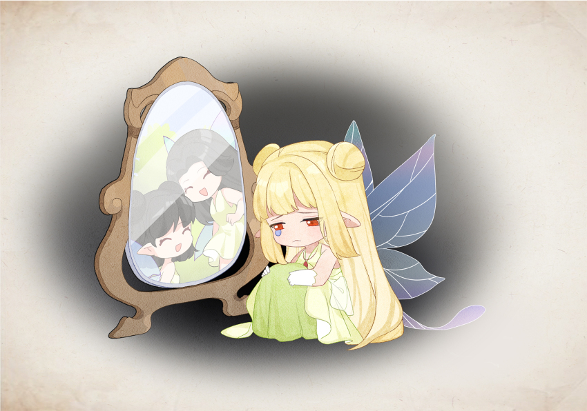 3girls ^_^ artist_request bare_arms bare_legs bare_shoulders black_hair blonde_hair blue_wings blunt_bangs brown_background chibi clenched_hand closed_eyes closed_mouth darkness different_reflection double_bun dress fairy fairy_wings frown full-length_mirror game_cg gloves green_dress hair_bun happy highres hugging_own_legs knees_up layered_dress light_blush long_dress long_hair medium_hair miracle_nikki mirror multiple_girls nikki_(series) official_art pointy_ears red_eyes reflection sad sitting sleeveless sleeveless_dress smile straight_hair tearing_up third-party_source transparent_wings v-neck very_long_hair white_gloves wings