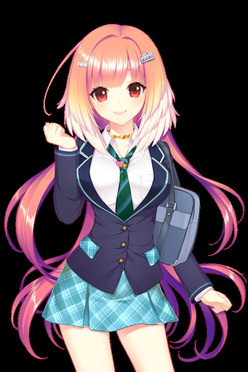 1girl aqua_skirt bag blue_jacket breasts frilled_skirt frills green_neckwear hair_ornament hand_up heart highres jacket large_breasts looking_at_viewer official_art pink_hair red_eyes school_uniform selena_(soccer_spirits) shirahane_nao skirt soccer_spirits transparent_background