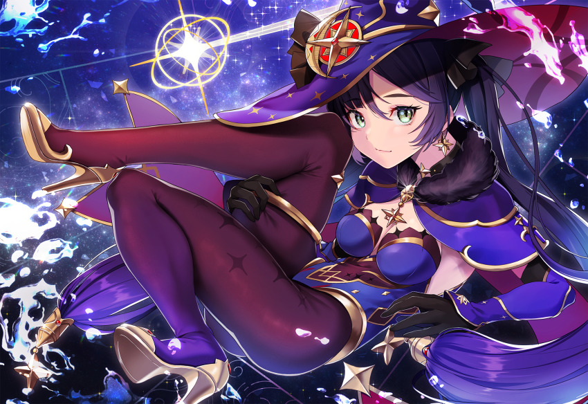 1girl black_gloves black_hair blue_leotard bodysuit bodysuit_under_clothes breasts brooch brown_pantyhose capelet cleavage closed_mouth detached_sleeves earrings elbow_gloves floating_hair from_side fur-trimmed_capelet fur_trim genshin_impact glint gloves gold_footwear gold_trim grabbing_own_thigh gradient_hair green_eyes hat high_heels highres jewelry knee_to_face knees_up leotard long_hair medium_breasts mona_(genshin_impact) multicolored_hair pantyhose ponytail_holder purple_capelet purple_hat retsuna shiny_clothes skindentation smile solo sparkle sparkle_print star_(symbol) star_earrings strapless strapless_leotard swept_bangs thighlet thighs twintails very_long_hair witch_hat