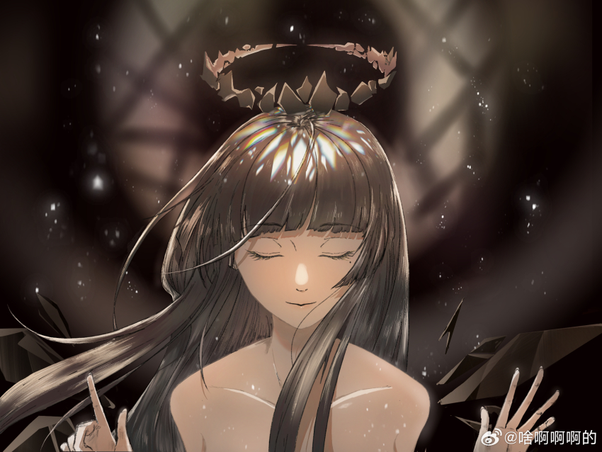 1girl ahoge arknights artist_name bare_shoulders black_halo black_wings blunt_bangs blurry blurry_background broken_halo chinese_commentary chinese_text closed_eyes closed_mouth collarbone commentary_request counting dark dark_halo depth_of_field detached_wings energy_wings eyelashes facing_viewer finger_counting fingernails floating_hair halo highres hime_cut implied_nudity light_particles light_smile lips long_fingernails long_hair mole mole_under_eye open_hand outstretched_hand palms portrait sidelocks solo spotlight v virtuosa_(arknights) watermark weibo_6000598659 weibo_watermark wings