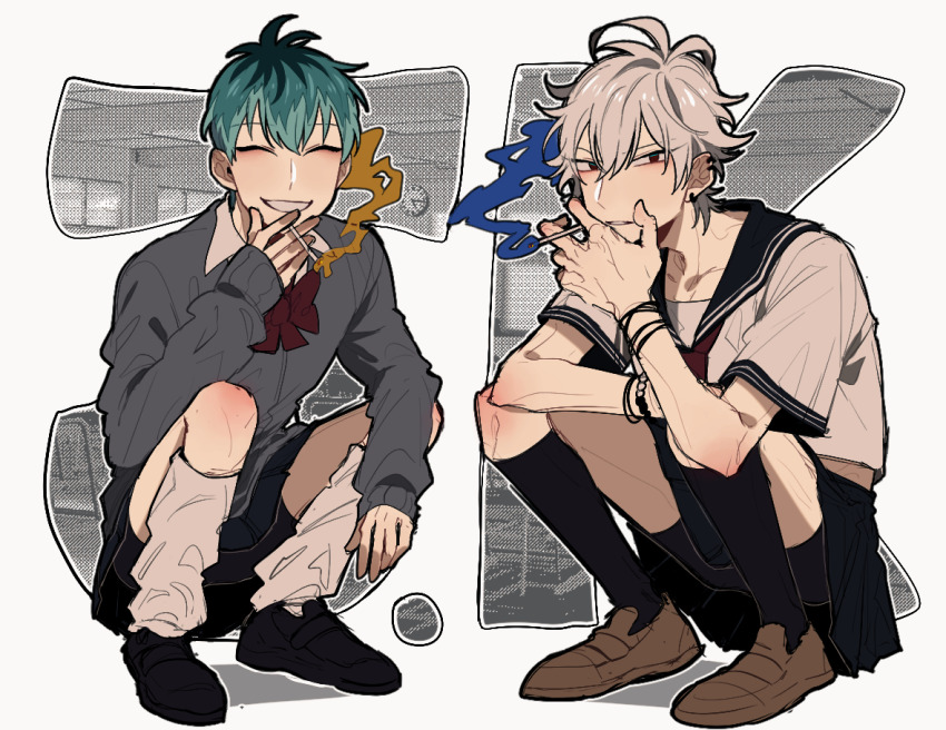 2boys ahoge aohitsugi_samatoki aqua_hair blouse bow bowtie bracelet cardigan cigarette closed_eyes collarbone collared_shirt colored_smoke crossdressing double_exposure earrings elbow_blush full_body grey_cardigan hair_between_eyes hypnosis_mic jewelry knee_blush kneehighs loafers looking_at_viewer loose_socks male_focus male_underwear male_underwear_peek midriff_peek multicolored_hair multiple_boys multiple_bracelets multiple_piercings neckerchief nurude_sasara outline parted_lips pleated_skirt red_eyes rimu_(limumu_) sailor_collar school_uniform serafuku shirt shoes short_hair simple_background skirt smile smoke smoking socks squatting underwear white_background white_hair white_outline