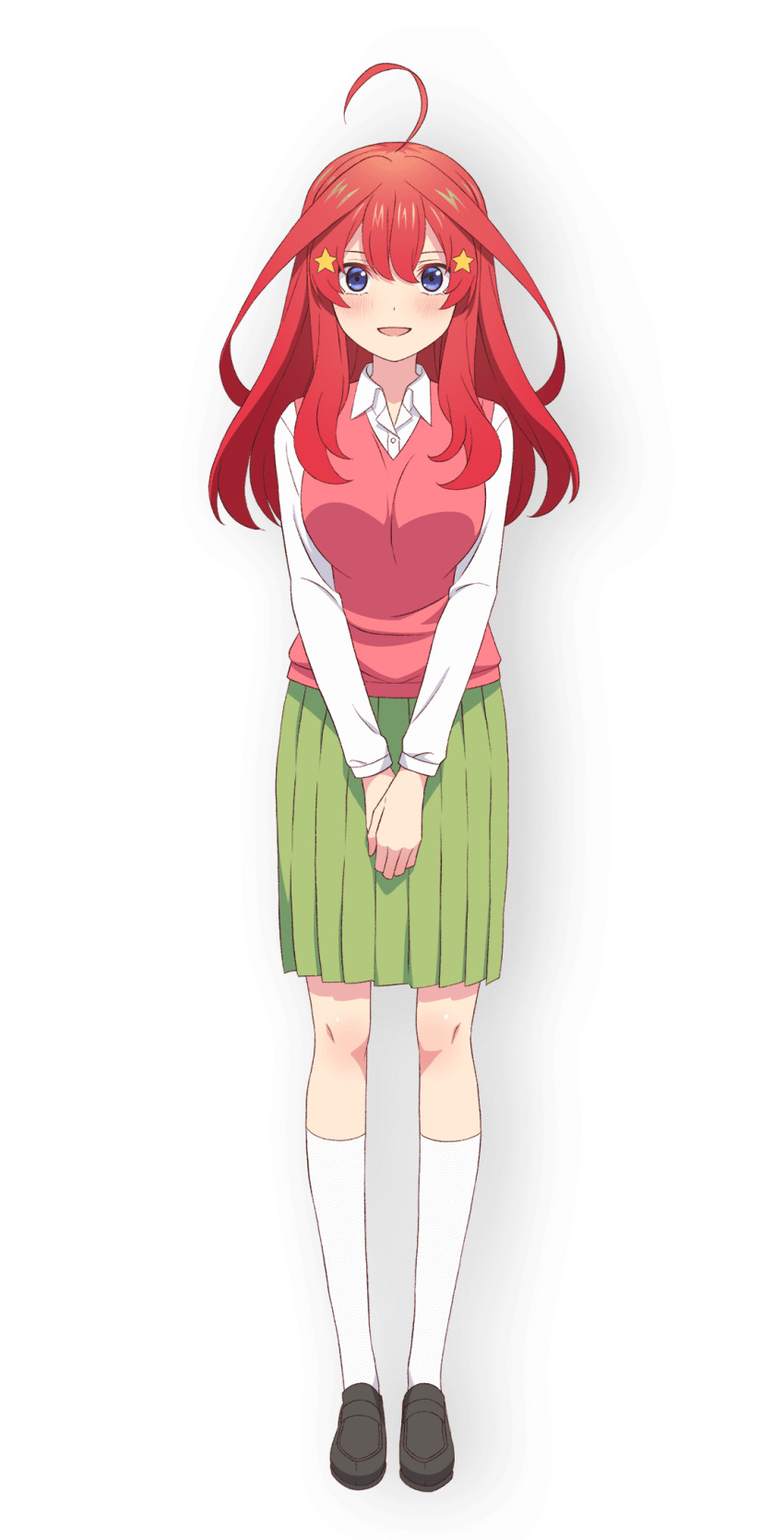 1girl ahoge black_shoes blue_eyes blush breasts collared_shirt dot_nose female_focus full_body go-toubun_no_hanayome green_skirt hair_ornament highres large_breasts legs long_hair long_sleeves looking_at_viewer miniskirt nakano_itsuki official_art open_mouth pleated_skirt red_hair red_sweater red_sweater_vest red_vest scan school_uniform shirt shirt_under_sweater shirt_under_vest shoes simple_background skirt smile socks solo solo_focus star_(symbol) star_hair_ornament sweater sweater_vest thighs vest white_shirt white_socks
