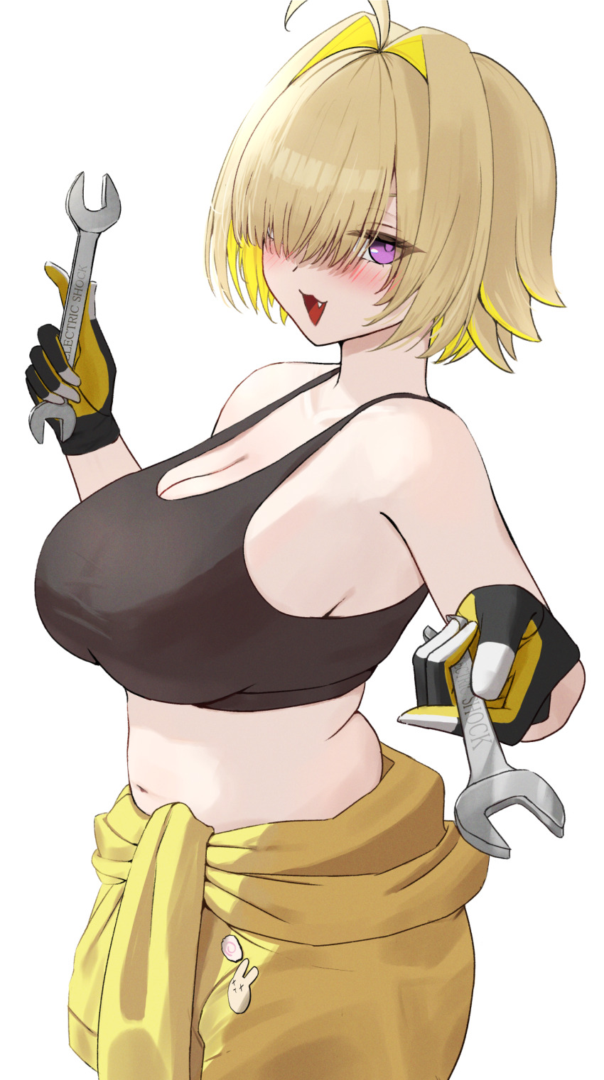 absurdres ahoge black_gloves black_shirt blonde_hair blush breasts cleavage commentary_request crop_top elegg_(nikke) fang gloves goddess_of_victory:_nikke hair_intakes hair_over_one_eye highres holding holding_wrench large_breasts looking_at_viewer medium_hair open_mouth pants purple_eyes rabbit_pin reaching reaching_towards_viewer shirt sideboob simple_background smile solo tongue umbsy_gi white_background wrench yellow_pants