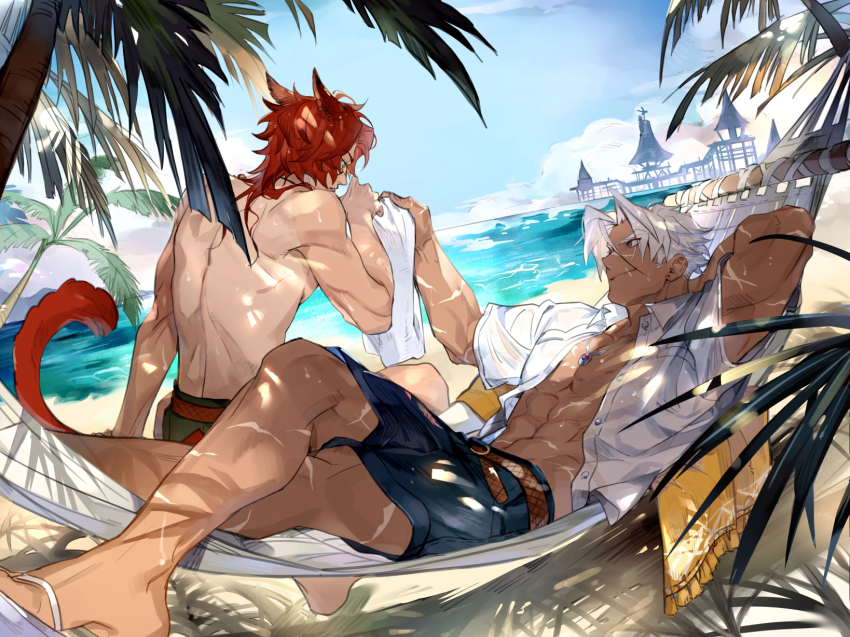 2boys abs animal_ears beach belt brown_belt cat_boy cat_ears cat_tail closed_mouth final_fantasy final_fantasy_xiv gyou_chin hammock highres male_focus miqo&#039;te multiple_boys open_clothes open_shirt outdoors palm_tree red_hair sandals scar scar_on_face short_hair shorts tail toned toned_male tree warrior_of_light_(ff14) water white_hair