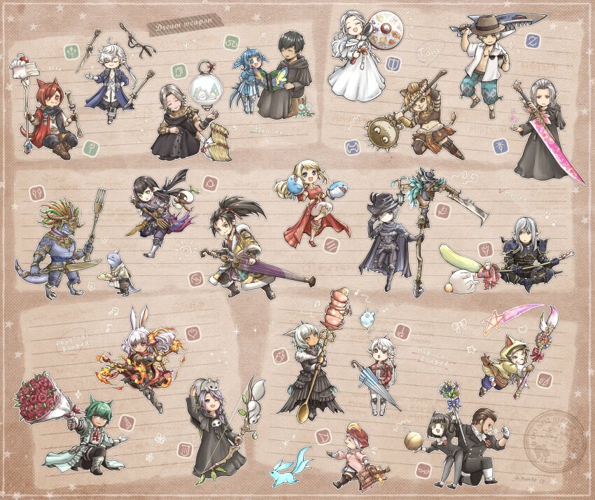 6+boys 6+girls alisaie_leveilleur alphinaud_leveilleur astrologian_(final_fantasy) au_ra bard_(final_fantasy) black_mage_(final_fantasy) blue_mage_(final_fantasy) book bow_(weapon) brown_background carbuncle_(final_fantasy) chibi chibi_only cute_weapon dancer_(final_fantasy) dark_knight_(final_fantasy) dragoon_(final_fantasy) elezen elf emet-selch english_text estinien_varlineau everyone fat_cat_(ff14) final_fantasy final_fantasy_xiv floating floating_object floating_weapon flower_symbol full_body g&#039;raha_tia gunbreaker_(final_fantasy) hermes_(ff14) hien_rijin highres hildibrand_manderville holding holding_book holding_bow_(weapon) holding_polearm holding_sword holding_umbrella holding_weapon hrothgar hythlodaeus hyur inset_border koana_(ff14) krile_baldesion_(ff14) lalafell lyna_(ff14) lyse_hext machinist_(final_fantasy) mamool_ja mandragora_(final_fantasy) mcarkp_ff meteion miqo&#039;te monk_(final_fantasy) multiple_boys multiple_girls nashu_mhakaracca ninja_(final_fantasy) nixie_(ff14) nutkin over_shoulder paladin_(final_fantasy) pictomancer_(final_fantasy) pointy_ears polearm reaper_(final_fantasy) sage_(final_fantasy) samurai_(final_fantasy) scholar_(final_fantasy) sitting sophist&#039;s_robe_(ff14) standing summoner_(final_fantasy) sword tataru_taru thancred_waters umbrella urianger_augurelt venat_(ff14) viera viper_(final_fantasy) warrior_(final_fantasy) weapon weapon_over_shoulder white_mage_(final_fantasy) wuk_lamat y&#039;shtola_rhul yugiri_mistwalker zero_(ff14) zoraal_ja