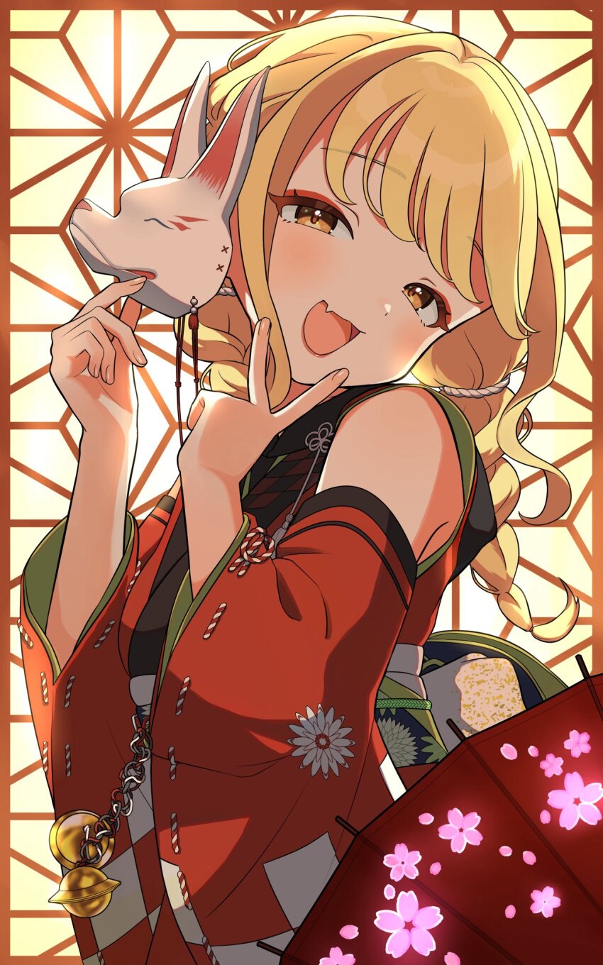 1girl :d bare_shoulders bell blonde_hair braid cherry_blossom_print commentary_request detached_sleeves eyeshadow fang floral_print fox_mask fujita_kotone gakuen_idolmaster head_tilt highres holding holding_mask idolmaster japanese_clothes jingle_bell kamurogiku_(idolmaster) kimono lipstick long_hair looking_at_viewer makeup mameragi mask oil-paper_umbrella open_mouth red_eyeshadow red_kimono red_sleeves skin_fang sleeveless sleeveless_kimono smile solo twin_braids umbrella upper_body v wide_sleeves yellow_eyes