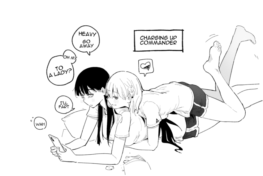 2girls ass barefoot braid breasts cellphone cookie english_text female_commander_(girls&#039;_frontline) food girls&#039;_frontline greyscale hug huqu long_hair lying medium_breasts monochrome multiple_girls on_stomach phone pillow rpk-16_(girls&#039;_frontline) short_hair shorts smartphone yuri