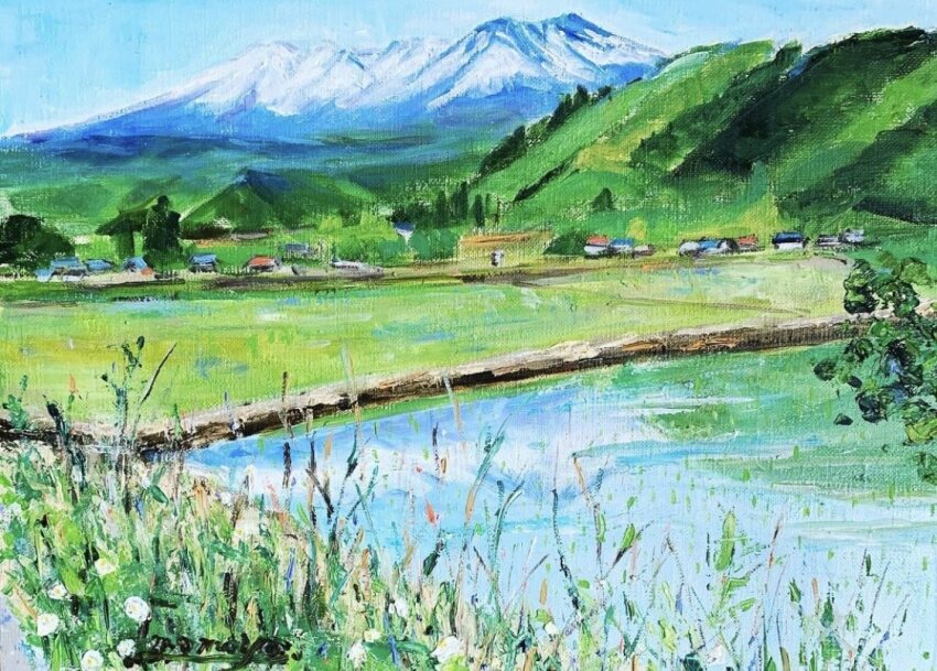 blue_sky blurry day farm hill momo7rosemary mountain mountainous_horizon no_humans original plant reflection reflective_water rice_paddy scenery sky tree weeds