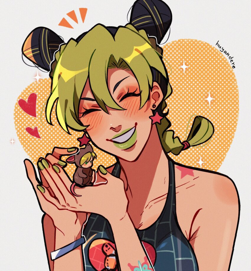 2girls animal_costume arm_tattoo artist_name birthmark black_hair blush bracelet chibi commentary double_bun dual_persona earrings english_commentary eyeshadow green_hair green_lips green_nails hair_bun heart highres huyandere jewelry joestar_birthmark jojo_no_kimyou_na_bouken kuujou_jolyne makeup mouse_costume multicolored_hair multiple_girls petting pink_eyeshadow signature smile sparkle sparkling_aura star_(symbol) star_earrings stone_ocean tattoo two-tone_hair y2k_fashion
