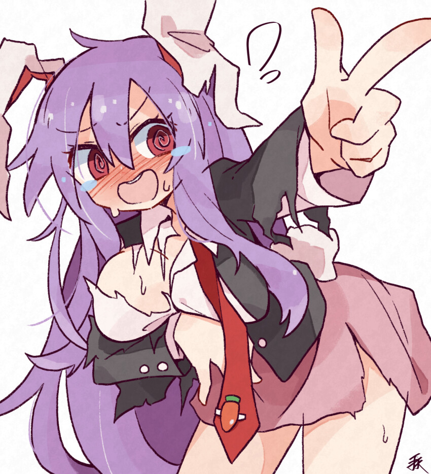 1girl @_@ animal_ears black_jacket blush breasts embarrassed finger_gun hair_between_eyes highres jacket long_hair long_sleeves medium_breasts minoru_minoru necktie open_mouth pink_skirt purple_hair rabbit_ears rabbit_girl rabbit_tail red_eyes red_necktie reisen_udongein_inaba shirt skirt solo tail tearing_up teeth torn_clothes touhou upper_teeth_only very_long_hair white_background white_shirt