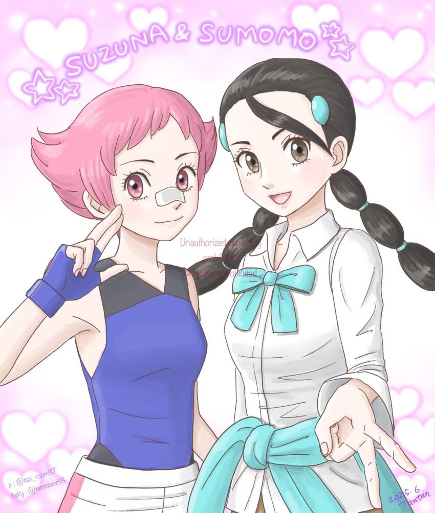 2girls bandaid bandaid_on_face bare_shoulders black_hair breasts brown_eyes candice_(pokemon) clothes_around_waist fingerless_gloves gloves highres long_hair looking_at_viewer maylene_(pokemon) multi-tied_hair multiple_girls nintendo pink_eyes pink_hair pokemon pokemon_dppt short_hair sleeveless sweater sweater_around_waist tan_room87